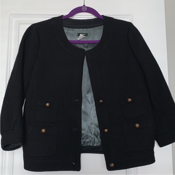 J. Crew Black Wool Pique Sultana Jacket Cropped blazer Gold Buttons pockets - Picture 6 of 9